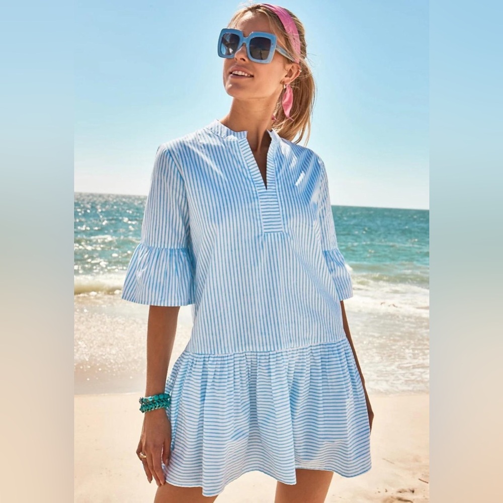 Addison Bay Blue & White Striped V-Neck Tiered Mini Dress